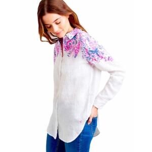 Women Joules Jeanne White Floral Linen Button Shirt 8 Preppy Casual Coastal